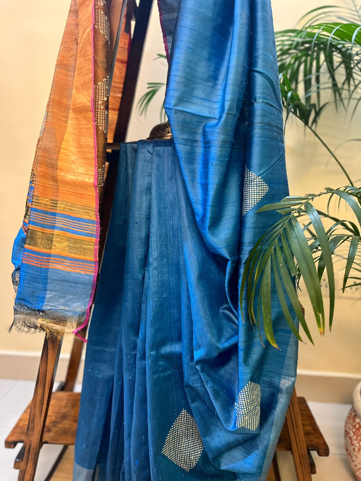Pure Raw Silk Handloom Saree- Blue with Mustard