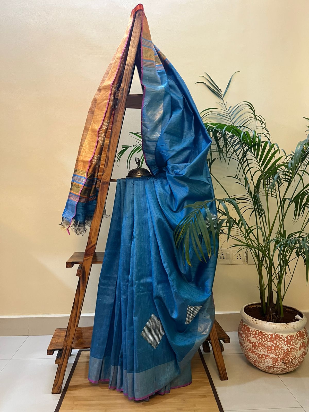 Pure Raw Silk Handloom Saree- Blue with Mustard