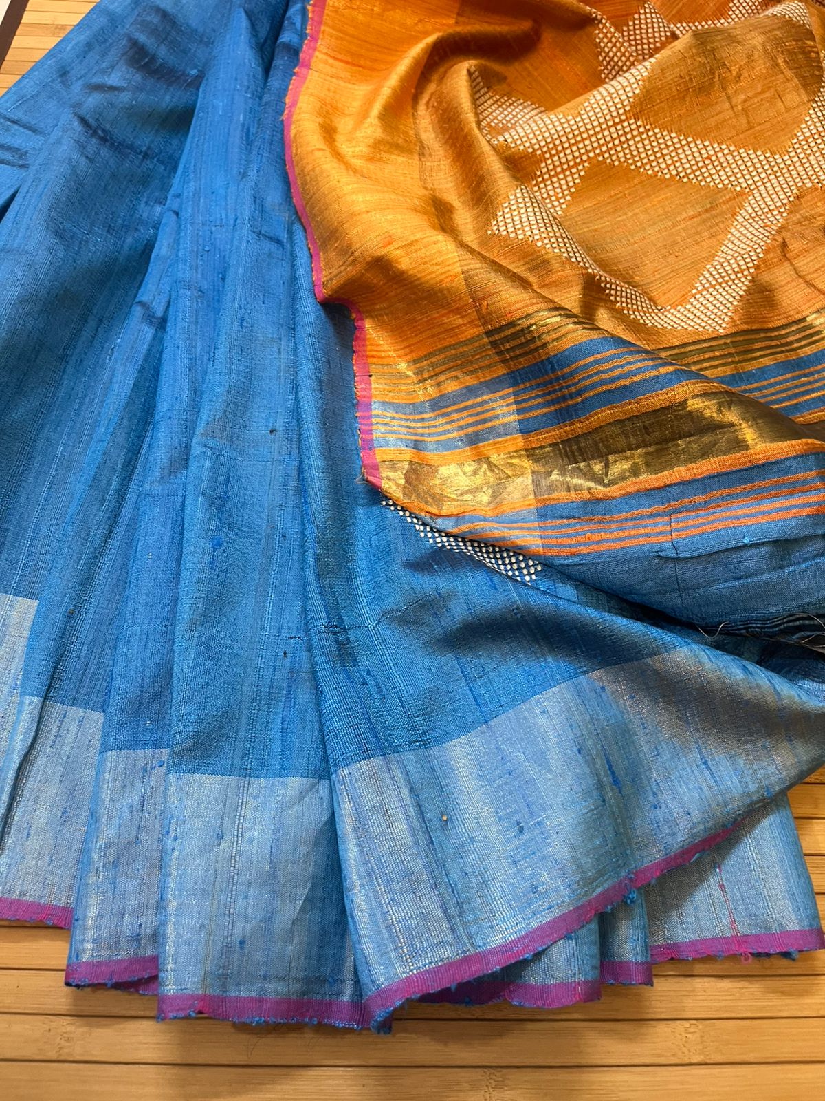 Pure Raw Silk Handloom Saree- Blue with Mustard