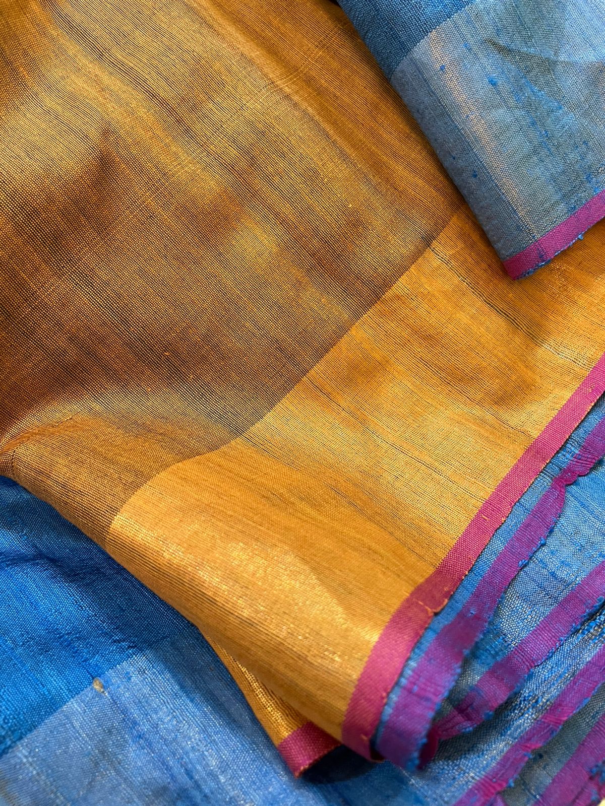 Pure Raw Silk Handloom Saree- Blue with Mustard