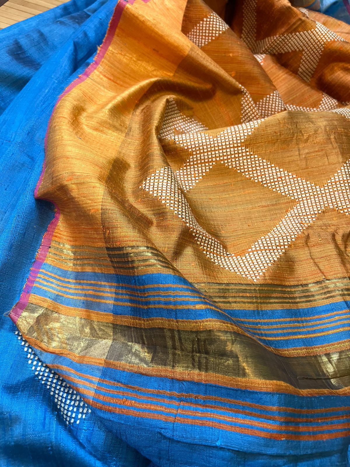 Pure Raw Silk Handloom Saree- Blue with Mustard