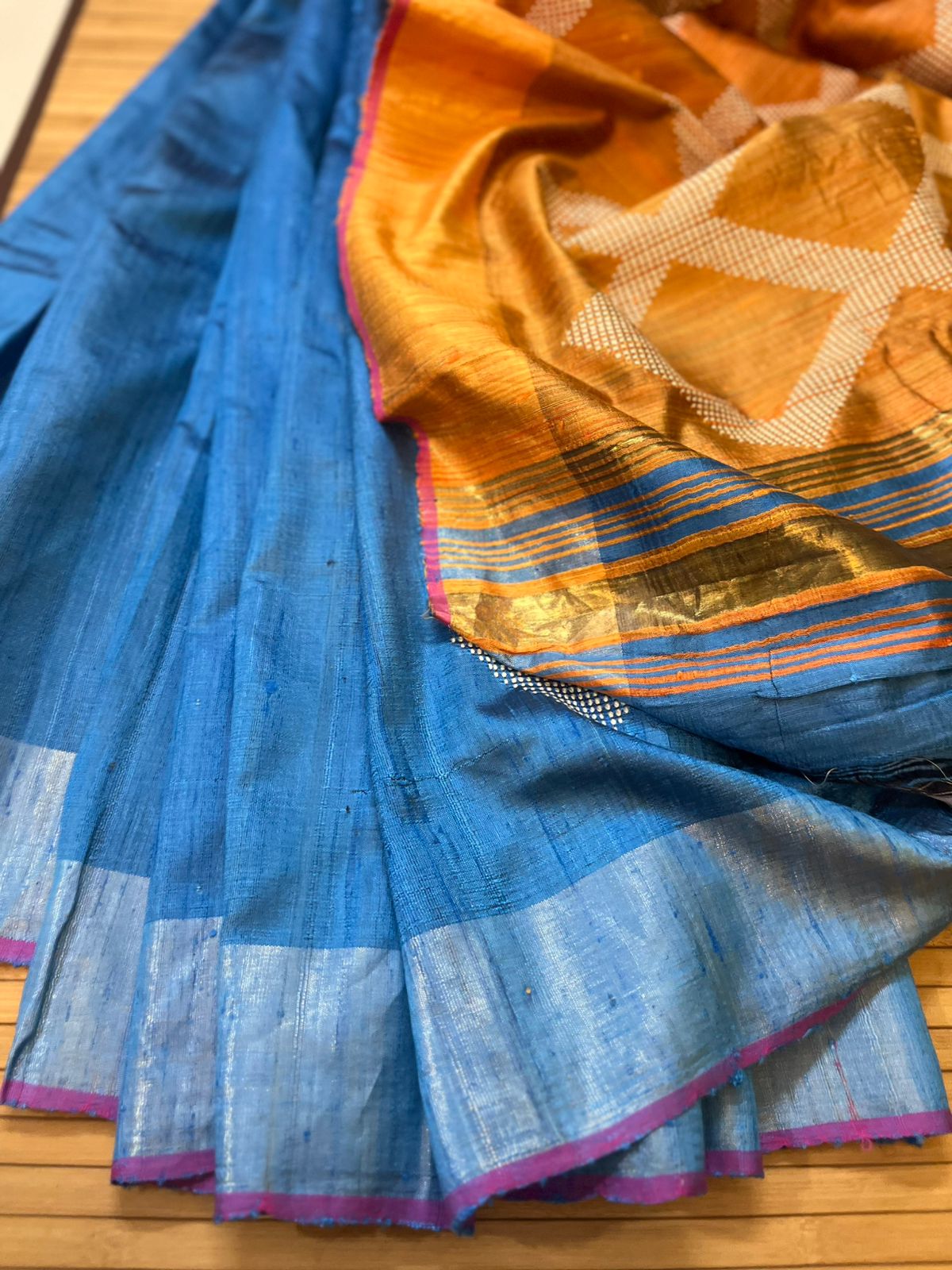 Pure Raw Silk Handloom Saree- Blue with Mustard