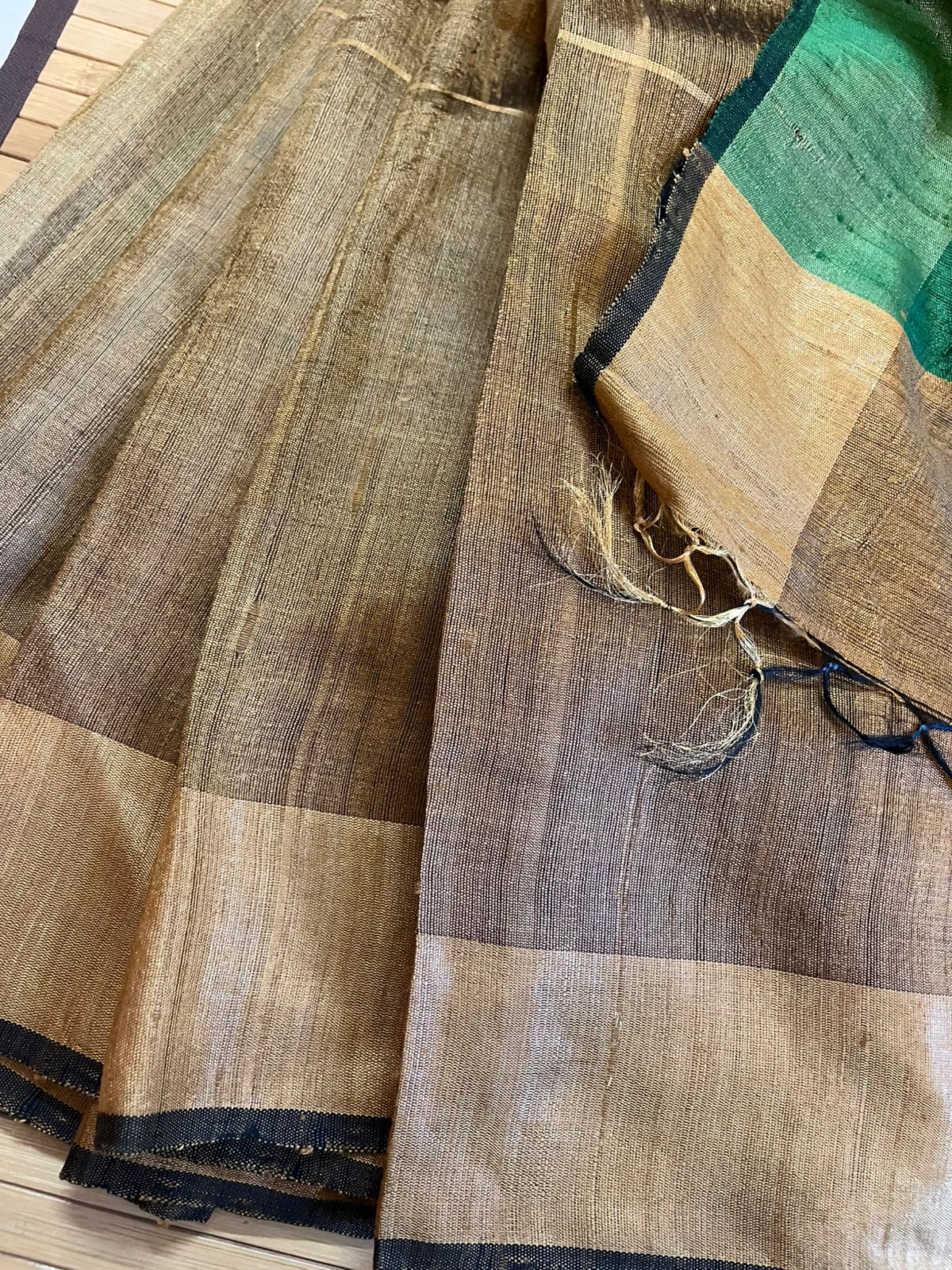Pure Raw Silk Handloom Saree- Gold with Bottle Green