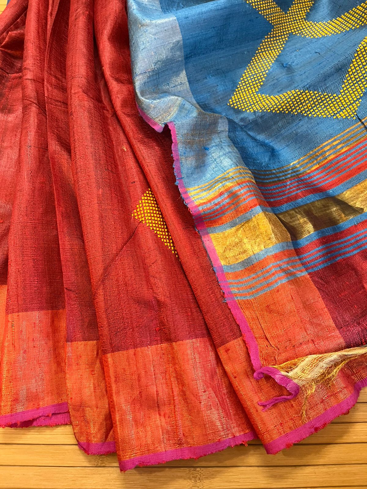 Pure Raw Silk Handloom Saree- Red with Blue