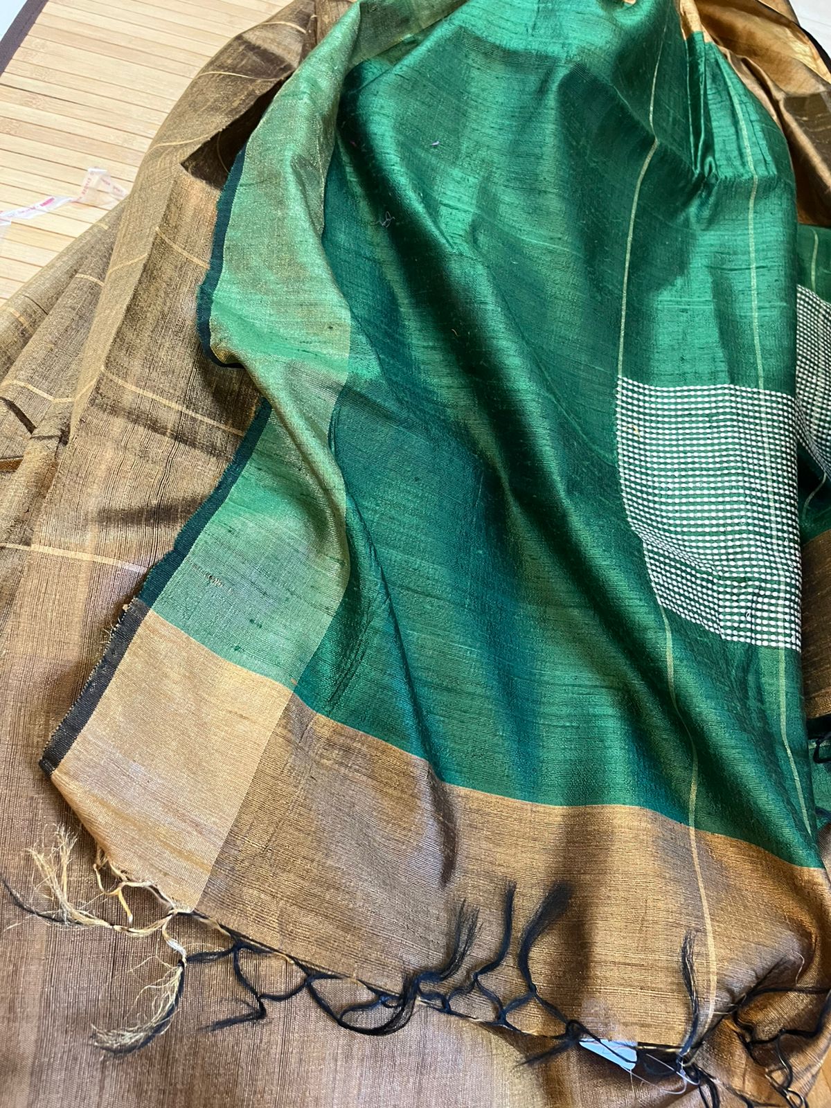 Pure Raw Silk Handloom Saree- Gold with Bottle Green