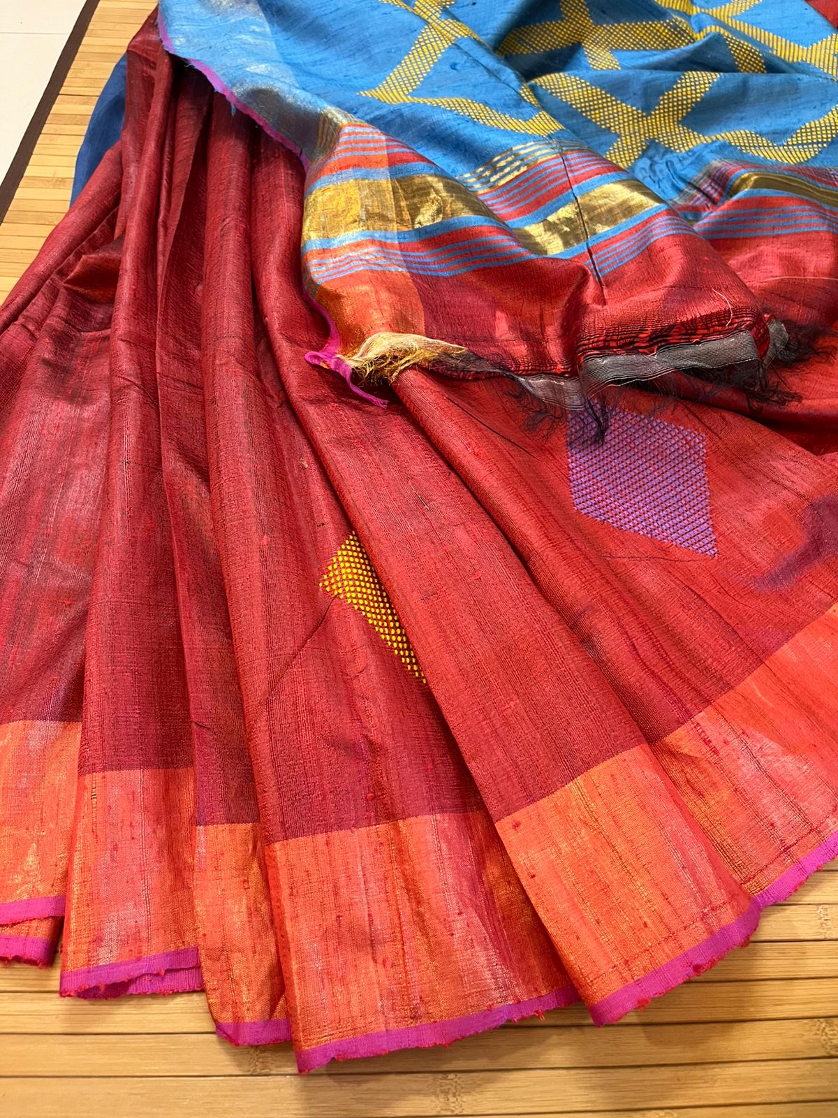 Pure Raw Silk Handloom Saree- Red with Blue