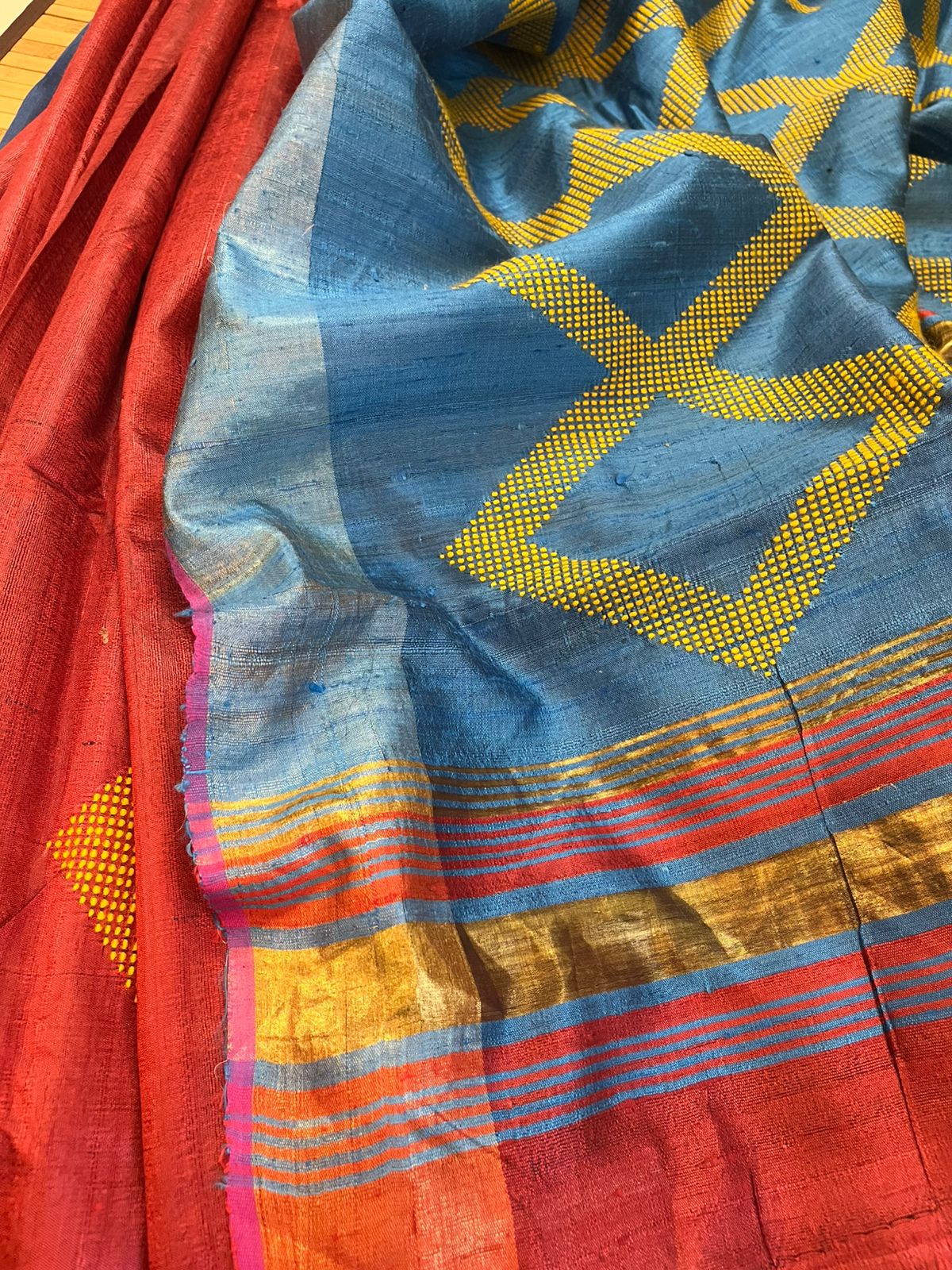 Pure Raw Silk Handloom Saree- Red with Blue
