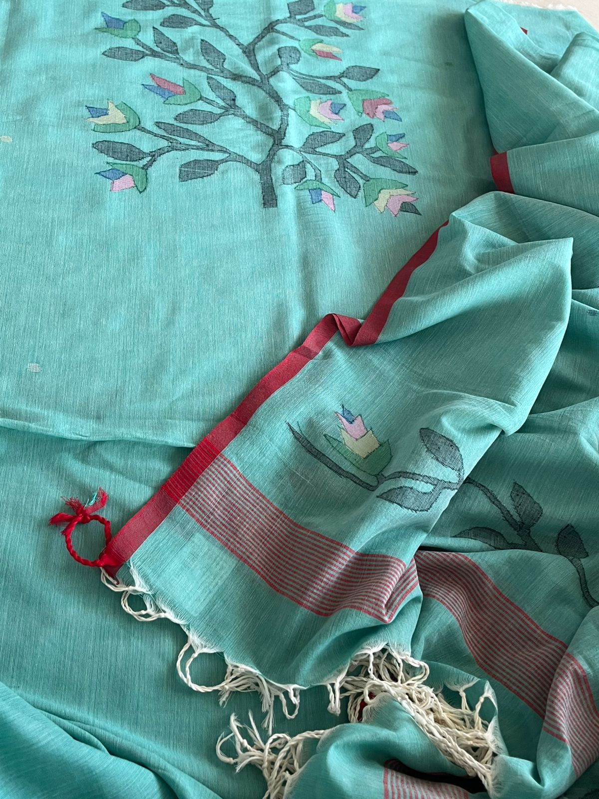 Beautiful and super soft pure cotton handloom Jamdani Weave Kurta Dupatta Set - Morning Sky