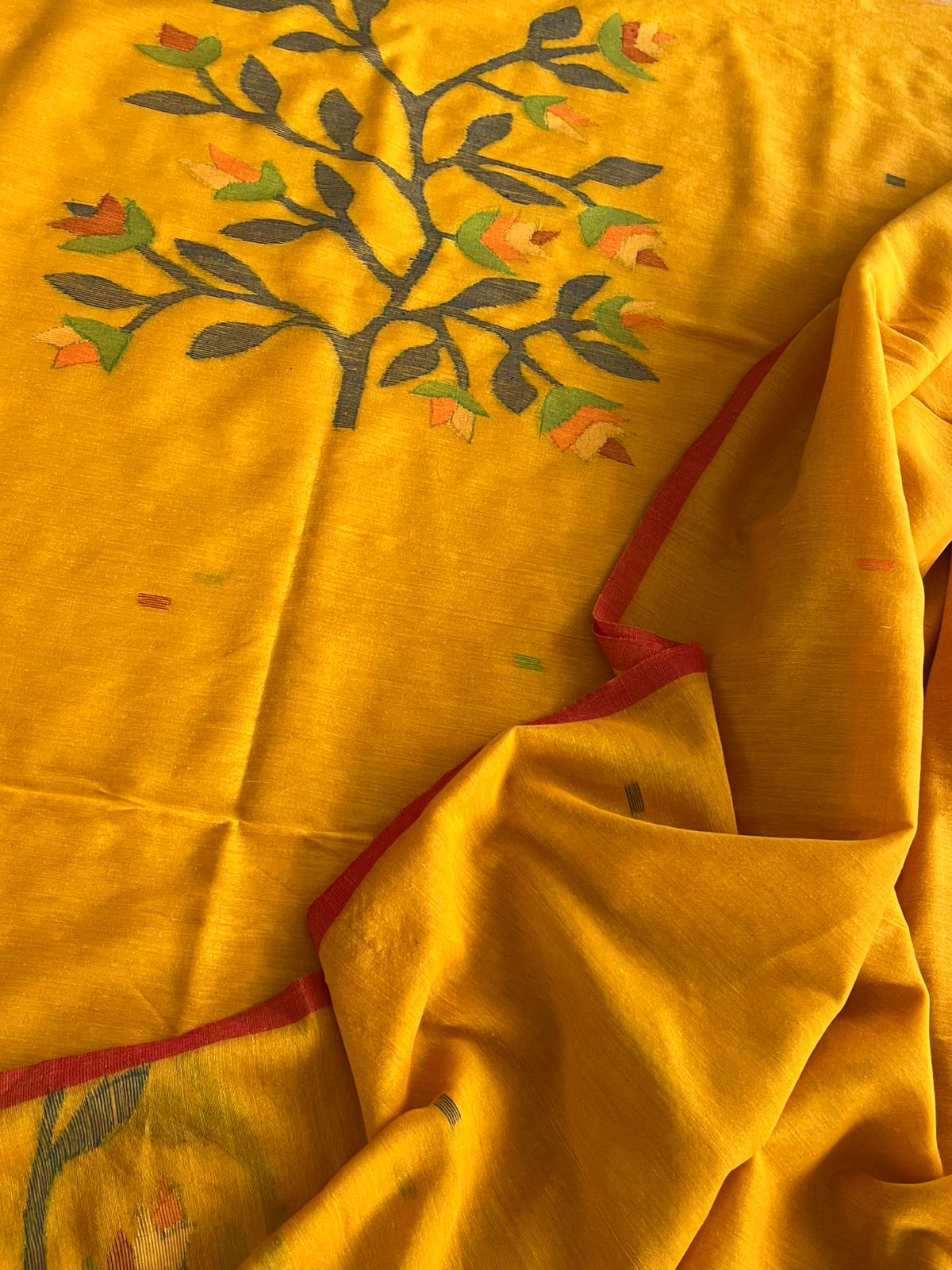 Beautiful and super soft pure cotton handloom Jamdani Weave Kurta Dupatta Set - Sunburst Yellow