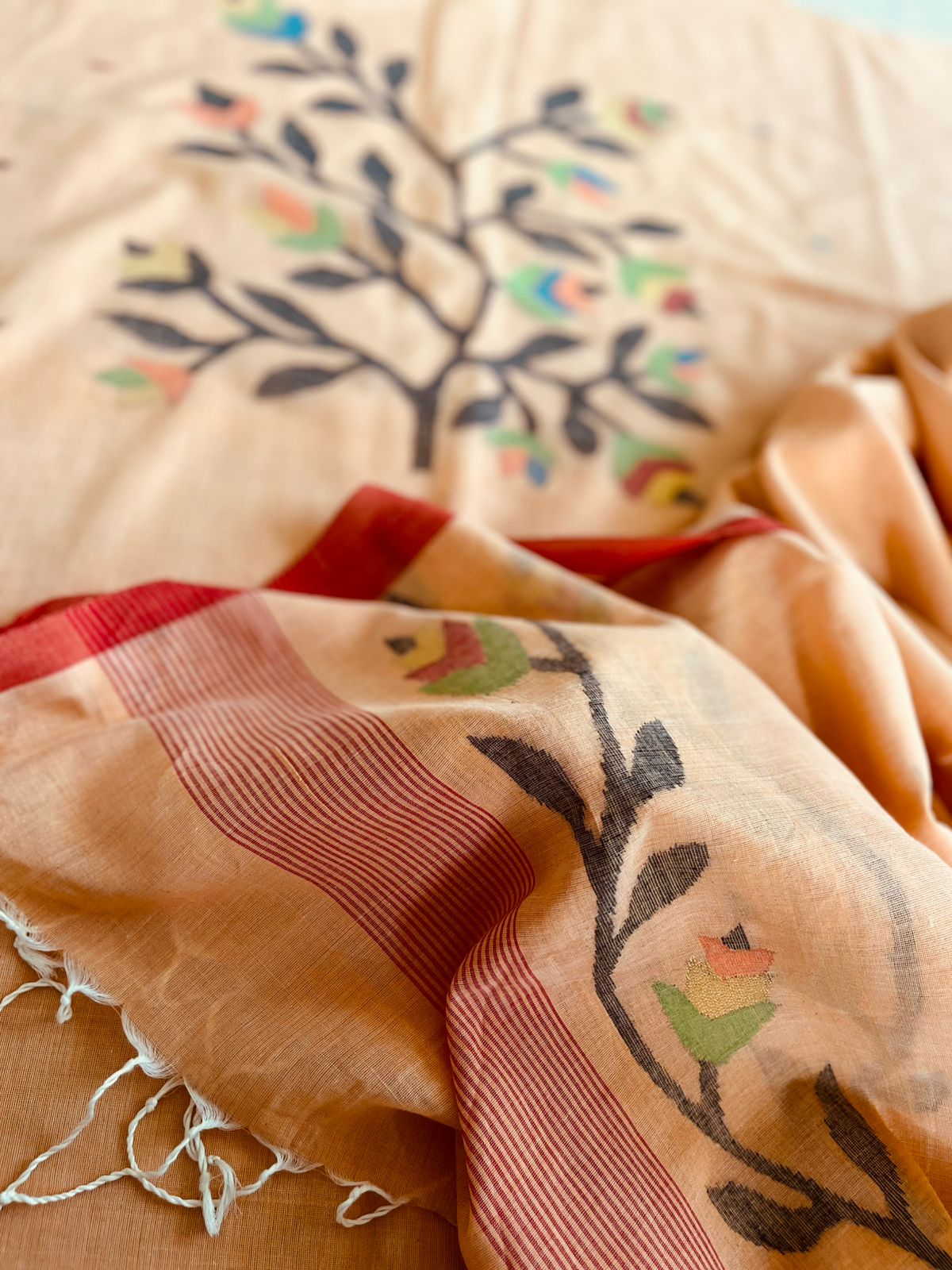 Beautiful and super soft pure cotton handloom Jamdani Weave Kurta Dupatta Set - Soft Peach