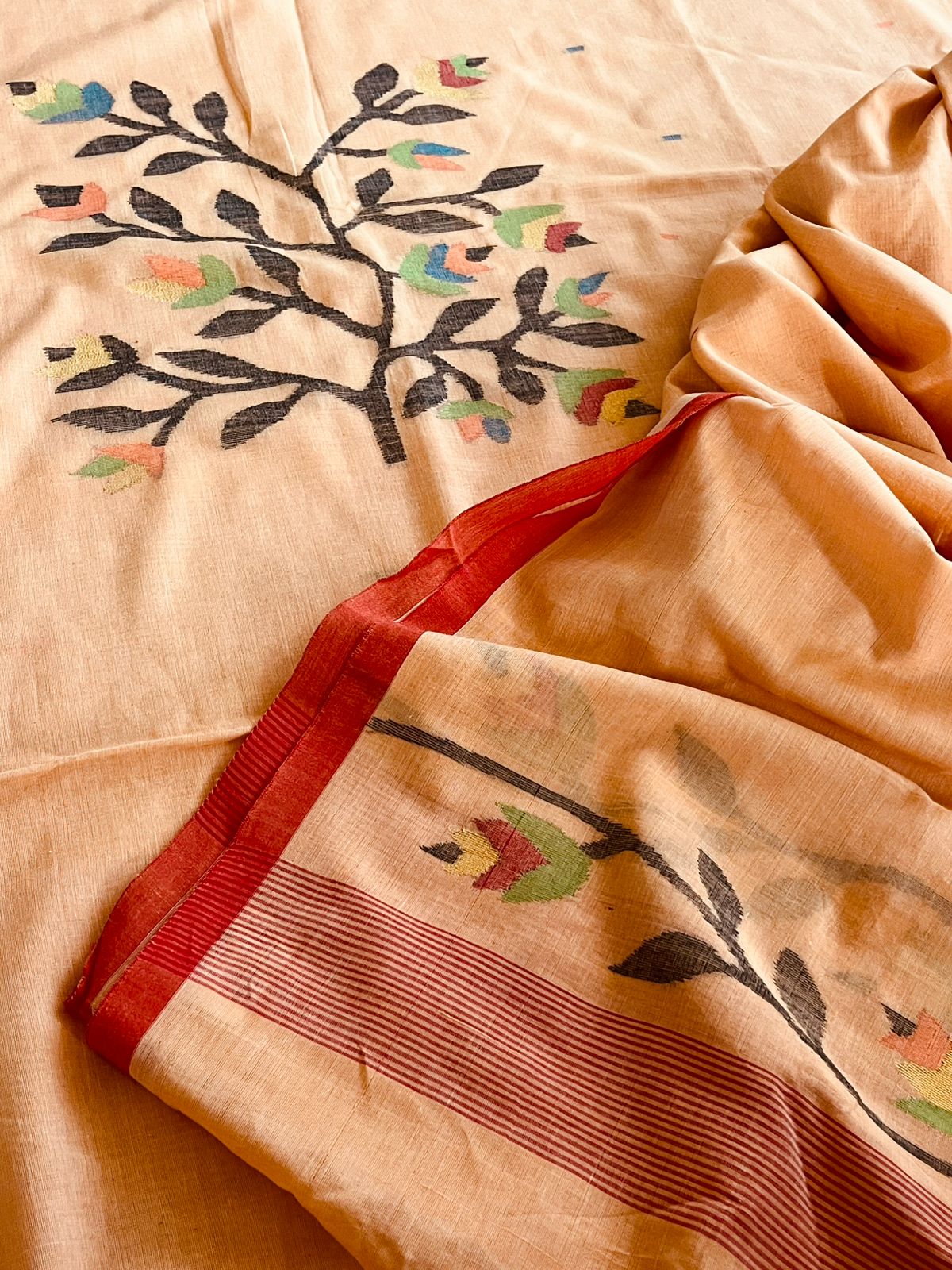 Beautiful and super soft pure cotton handloom Jamdani Weave Kurta Dupatta Set - Soft Peach