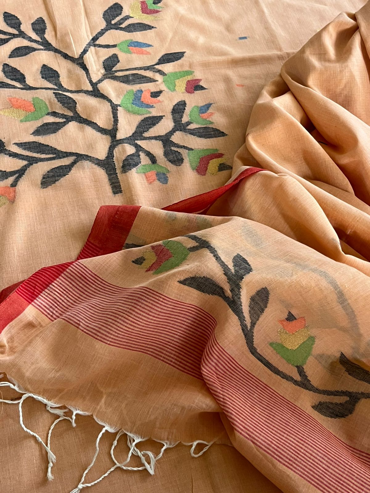 Beautiful and super soft pure cotton handloom Jamdani Weave Kurta Dupatta Set - Soft Peach