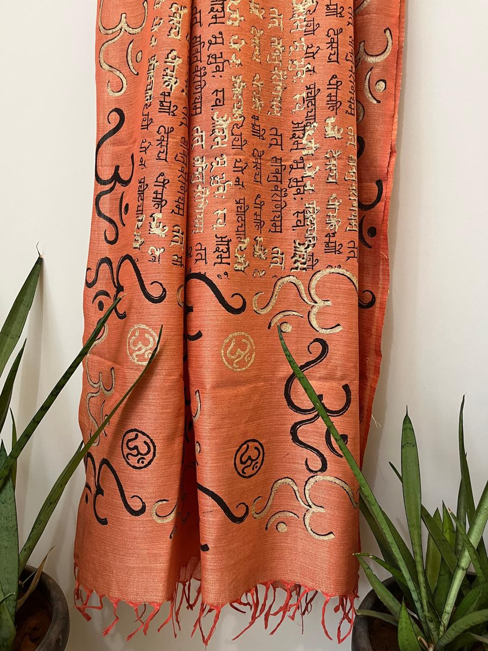 Beautiful Handblock Printed Dupatta - Gayatri Mantra and Om print - Orange