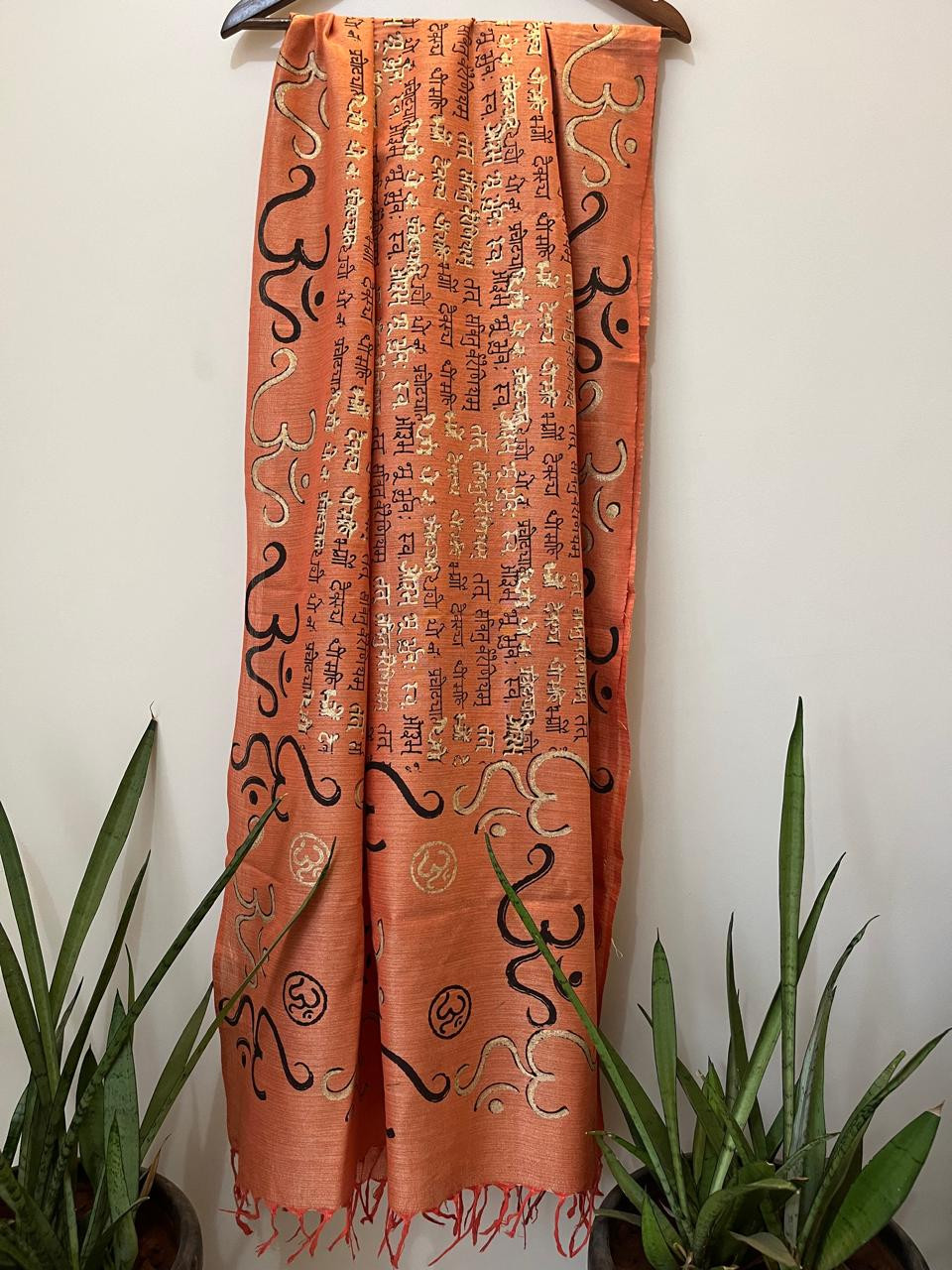 Beautiful Handblock Printed Dupatta - Gayatri Mantra and Om print - Orange
