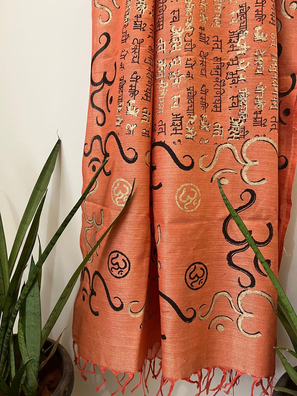 Beautiful Handblock Printed Dupatta - Gayatri Mantra and Om print - Orange