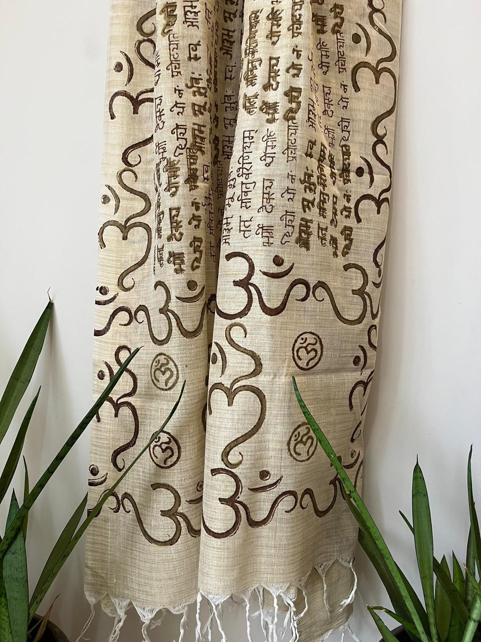 Beautiful Handblock Printed Dupatta - Gayatri Mantra and Om print - Beige and Brown