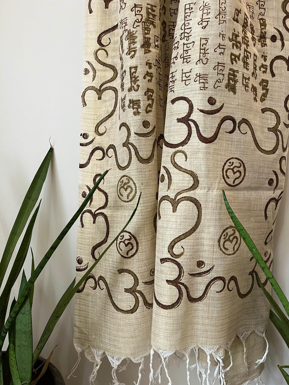 Beautiful Handblock Printed Dupatta - Gayatri Mantra and Om print - Beige and Brown