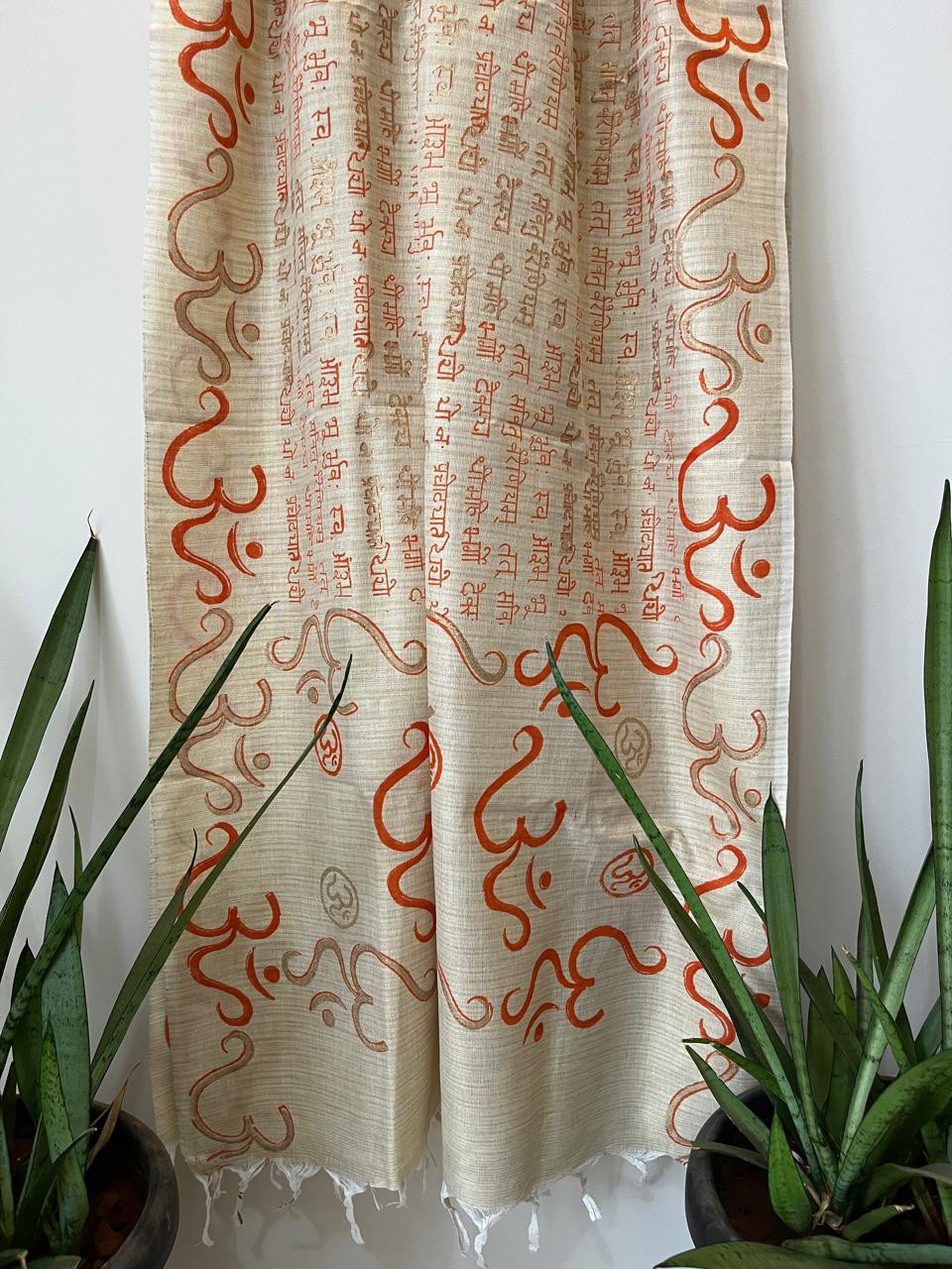 Beautiful Handblock Printed Dupatta - Gayatri Mantra and Om print - Beige with Orange