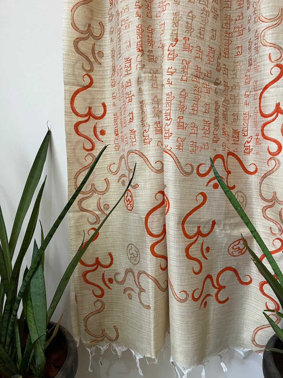 Beautiful Handblock Printed Dupatta - Gayatri Mantra and Om print - Beige with Orange