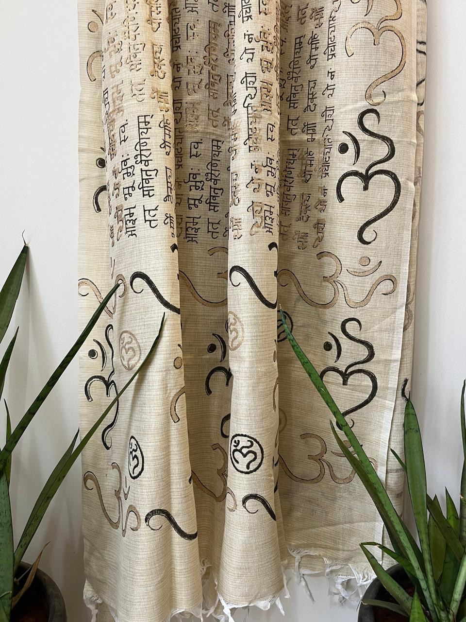 Beautiful Handblock Printed Dupatta - Gayatri Mantra and Om print - Beige with Black