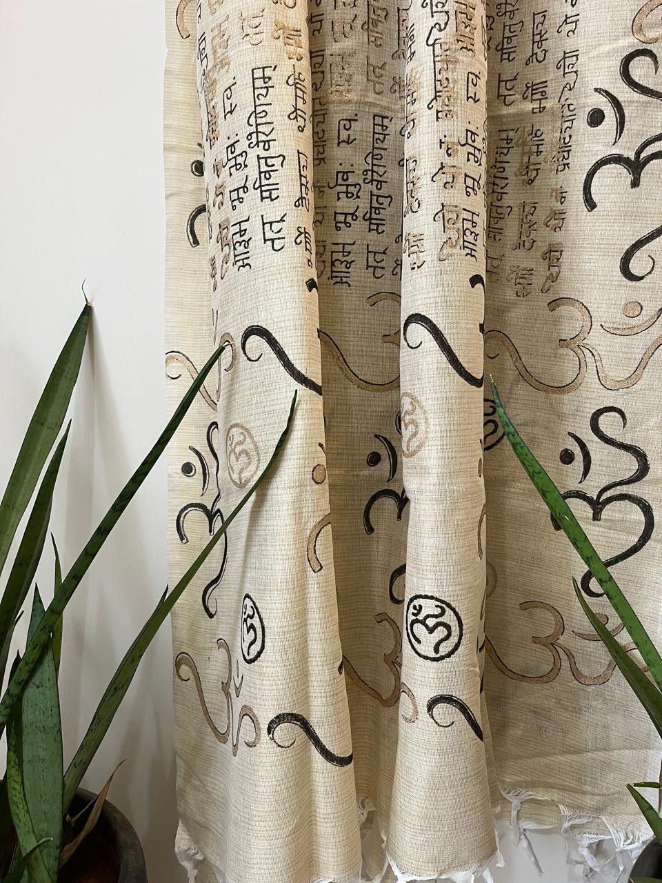 Beautiful Handblock Printed Dupatta - Gayatri Mantra and Om print - Beige with Black