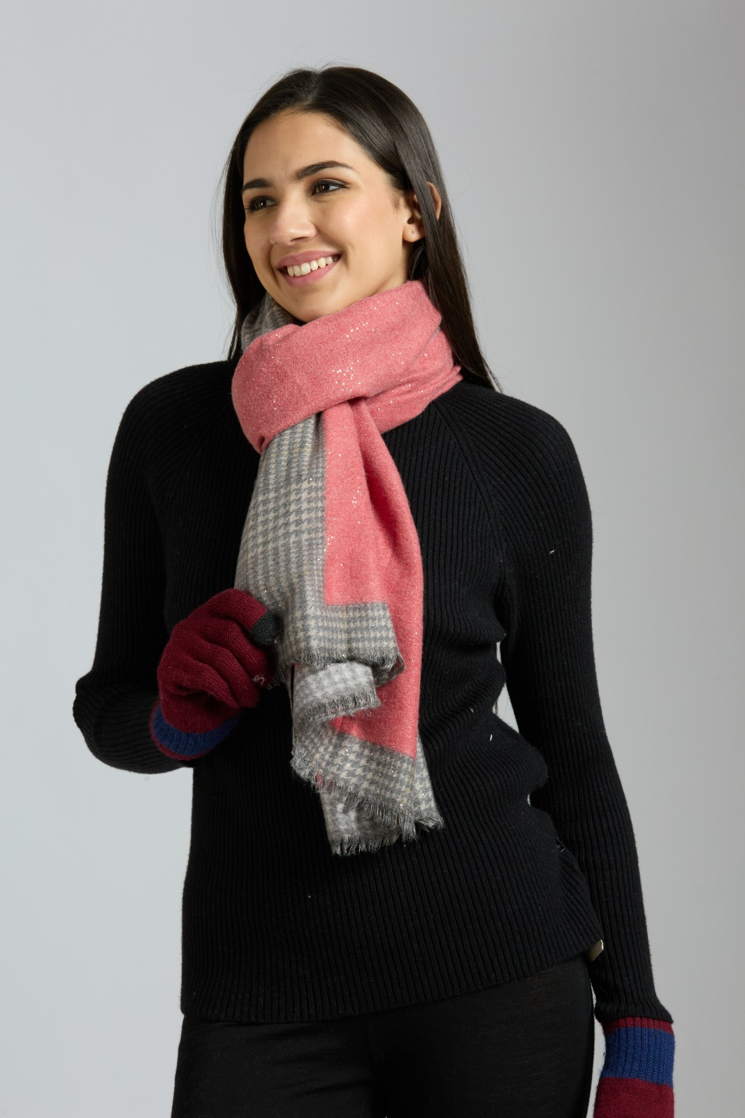 Soft and comfortable woollen stole with border and shimmer - Pastel Red and Grey