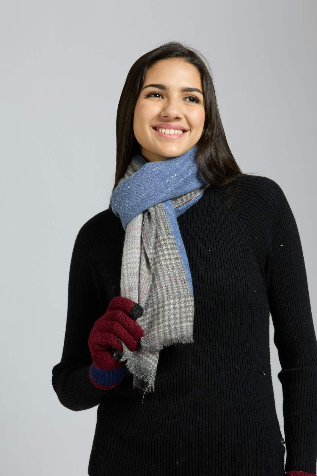 Soft and comfortable woollen stole with border and shimmer - Blue and Grey