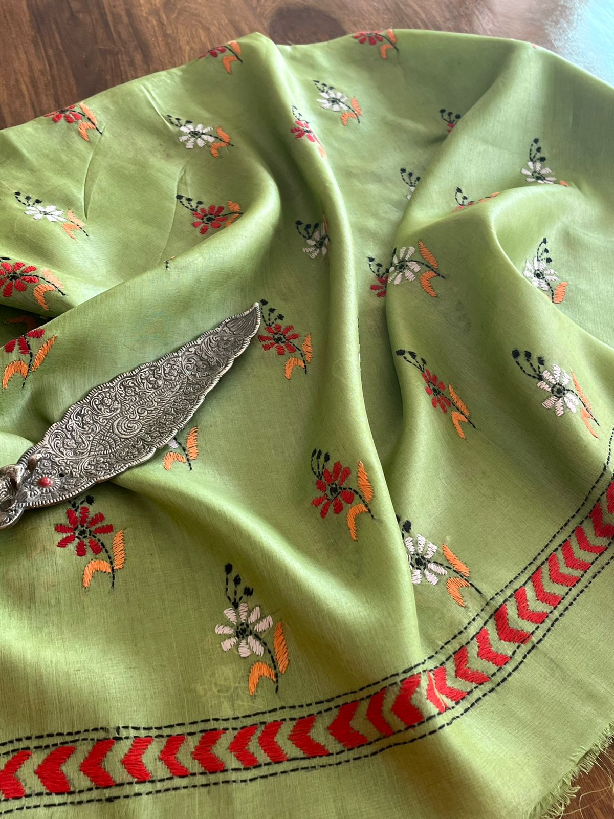 Pure Silk Kantha Hand embroidered Blouse - Unstitched - Light Green