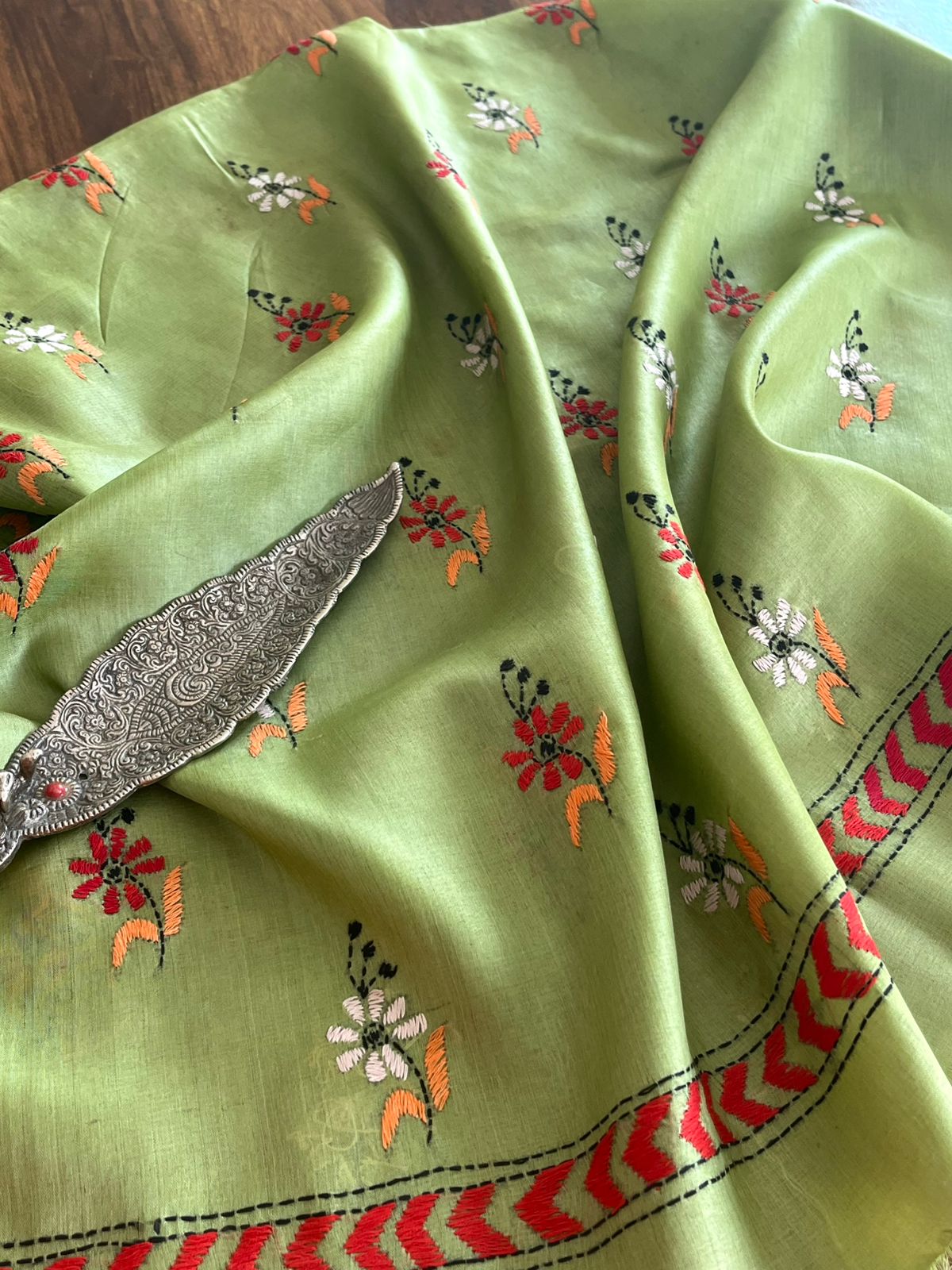 Pure Silk Kantha Hand embroidered Blouse - Unstitched - Light Green