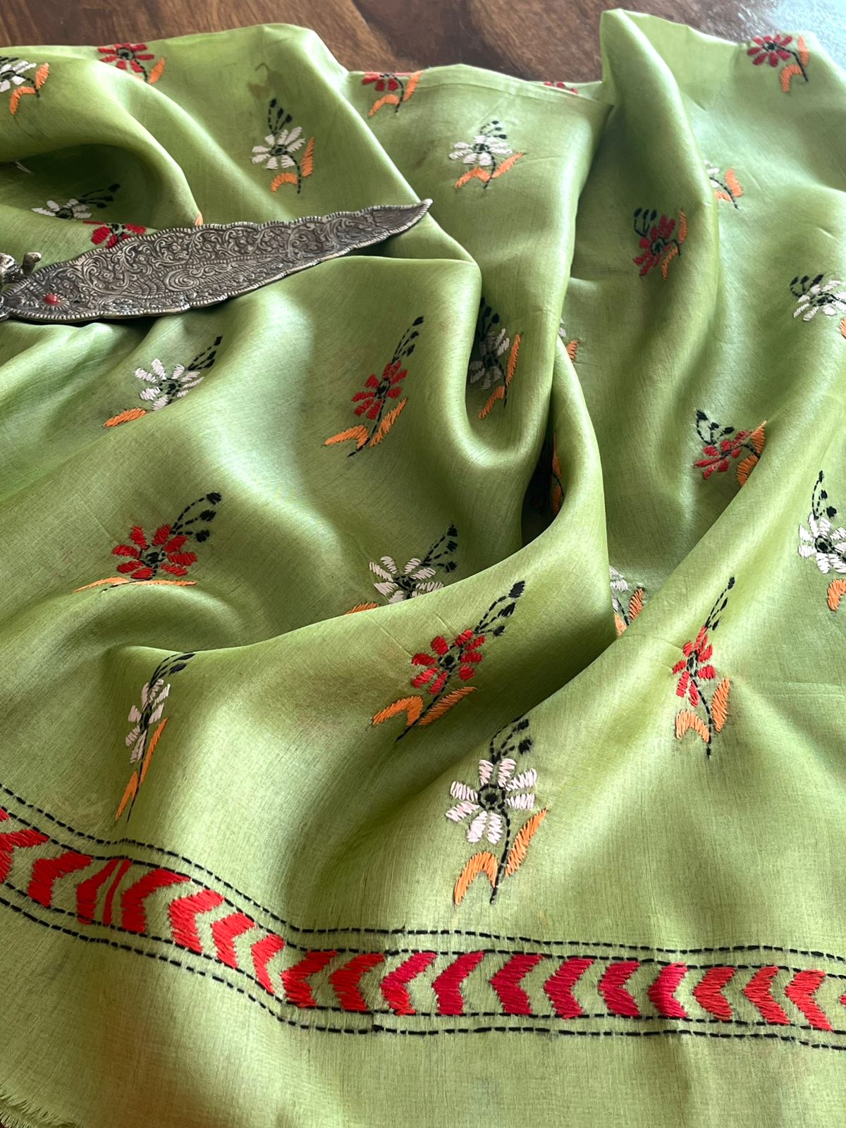 Pure Silk Kantha Hand embroidered Blouse - Unstitched - Light Green