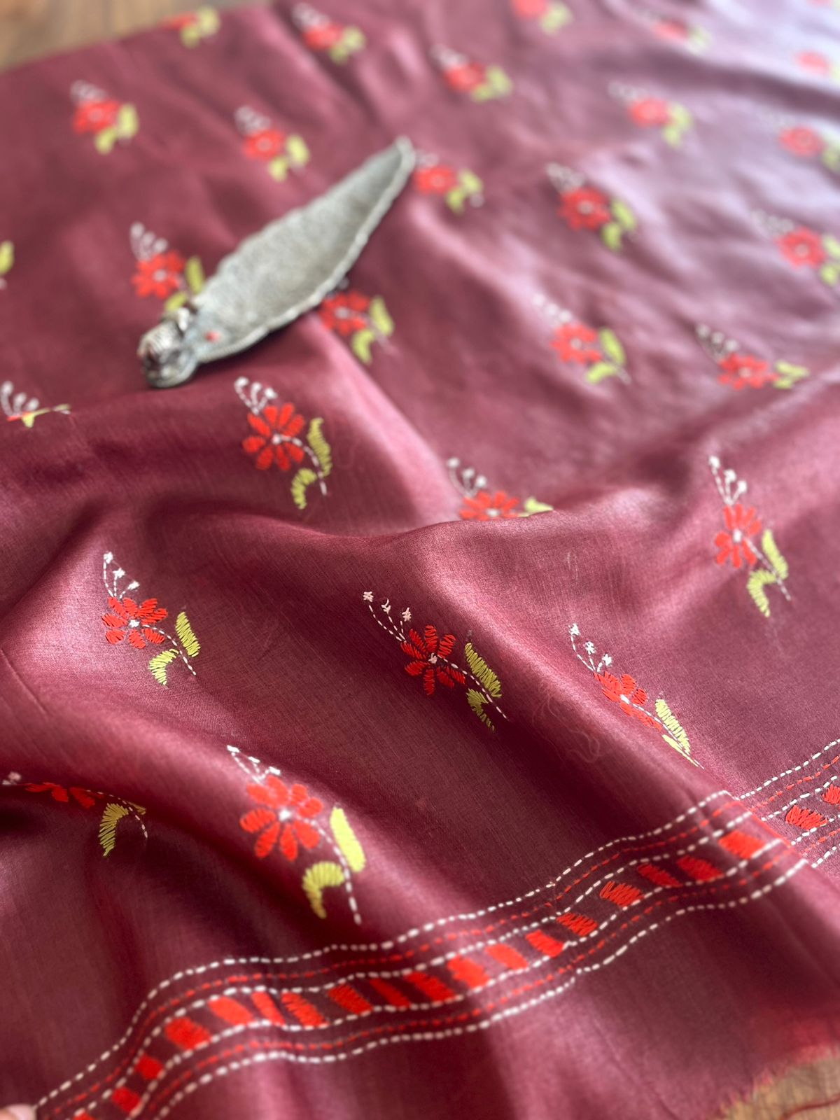Pure Silk Kantha Hand embroidered Blouse - Unstitched - Copperish Red