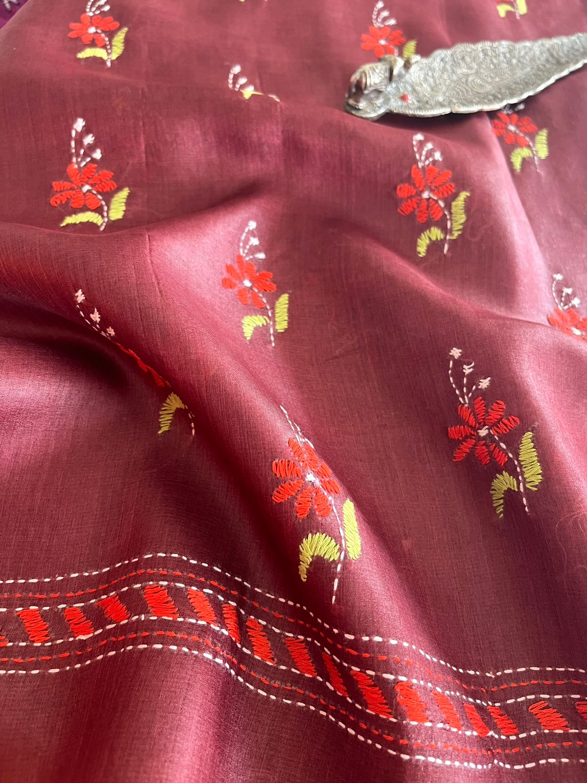 Pure Silk Kantha Hand embroidered Blouse - Unstitched - Copperish Red