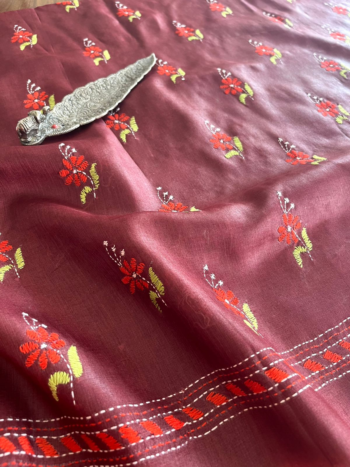 Pure Silk Kantha Hand embroidered Blouse - Unstitched - Copperish Red