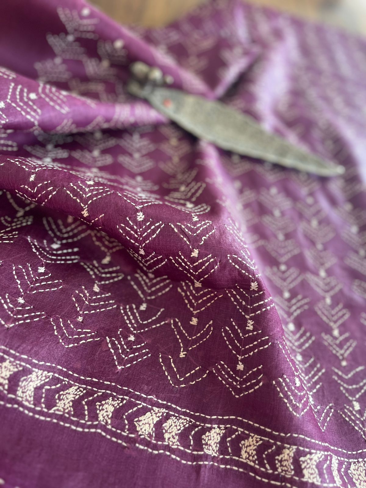 Pure Silk Kantha Hand embroidered Blouse - Unstitched - Plum