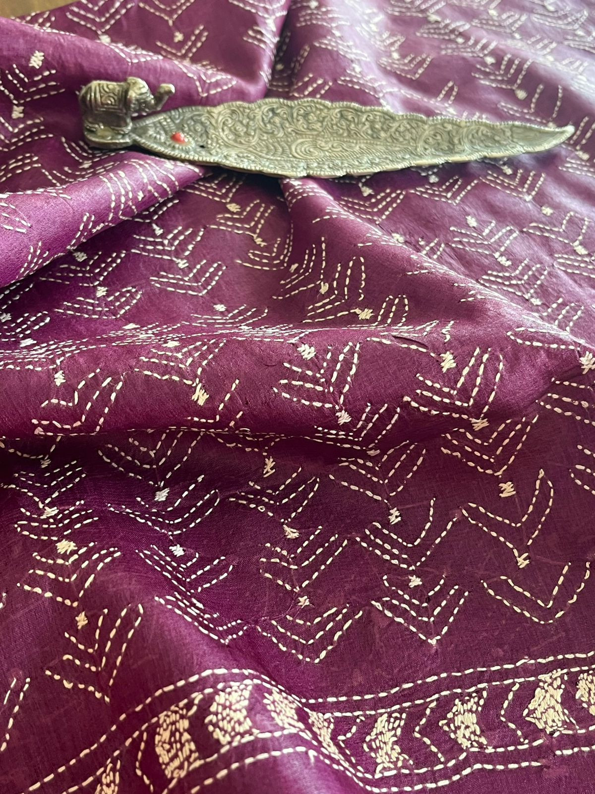Pure Silk Kantha Hand embroidered Blouse - Unstitched - Plum