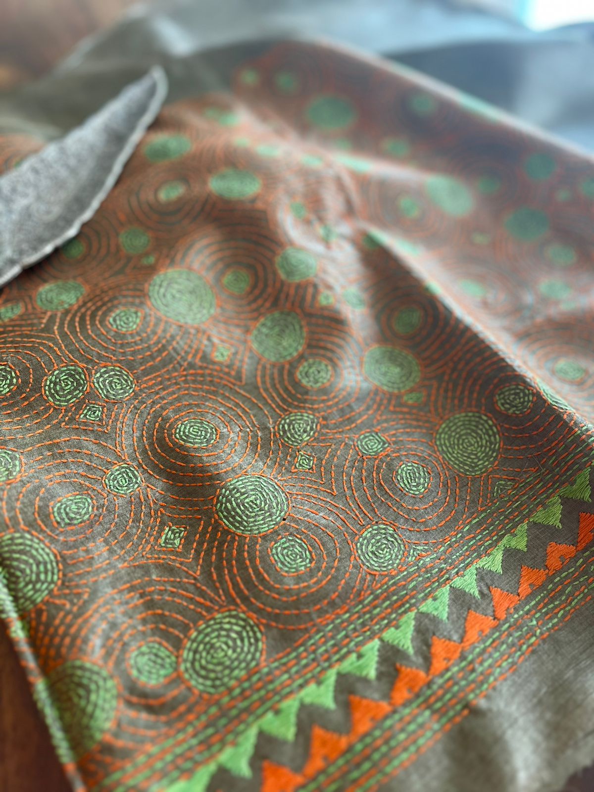 Pure Silk Kantha Hand embroidered Blouse - Unstitched - Olive