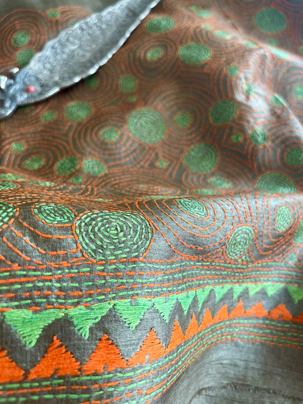 Pure Silk Kantha Hand embroidered Blouse - Unstitched - Olive