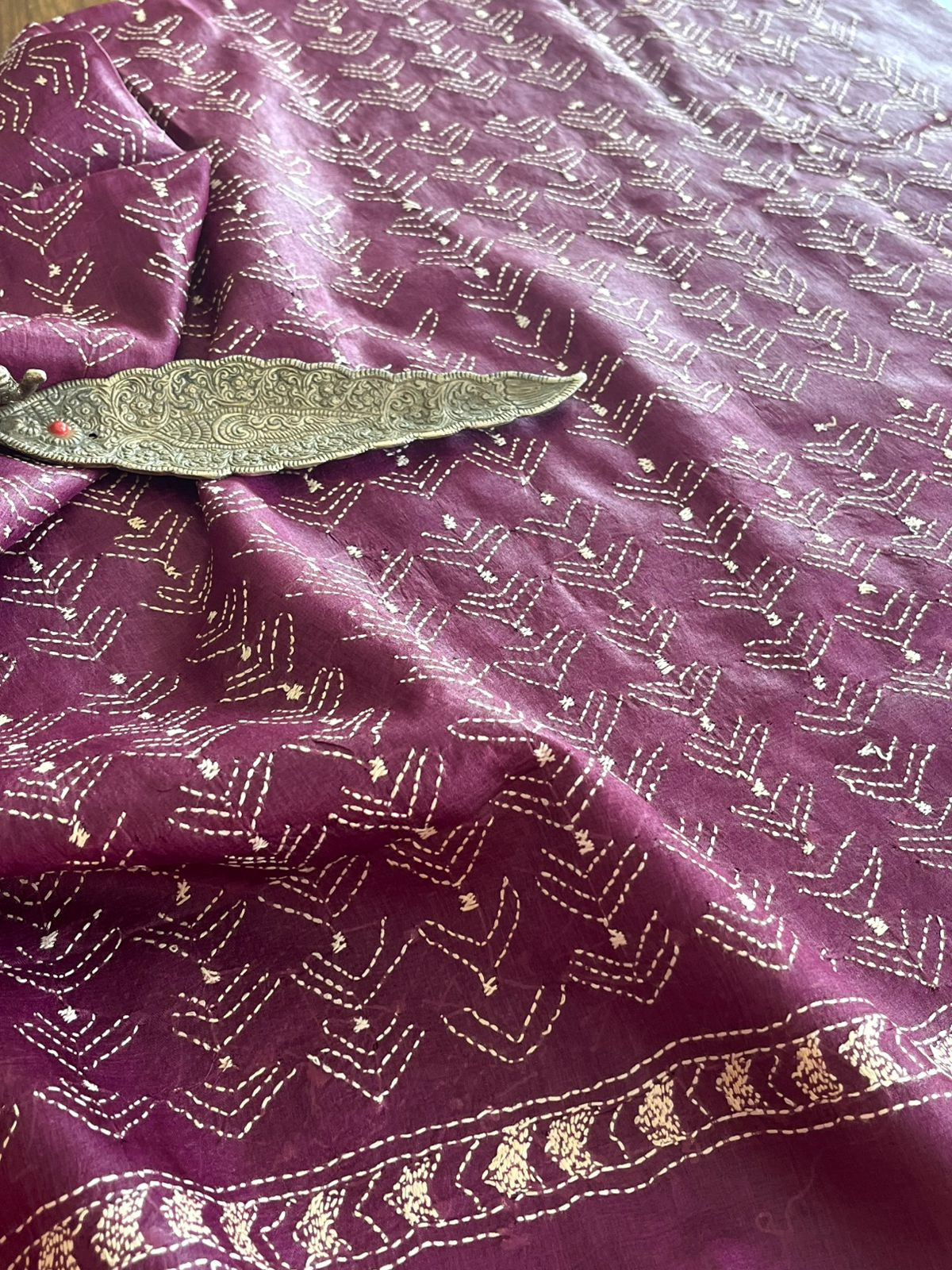 Pure Silk Kantha Hand embroidered Blouse - Unstitched - Plum