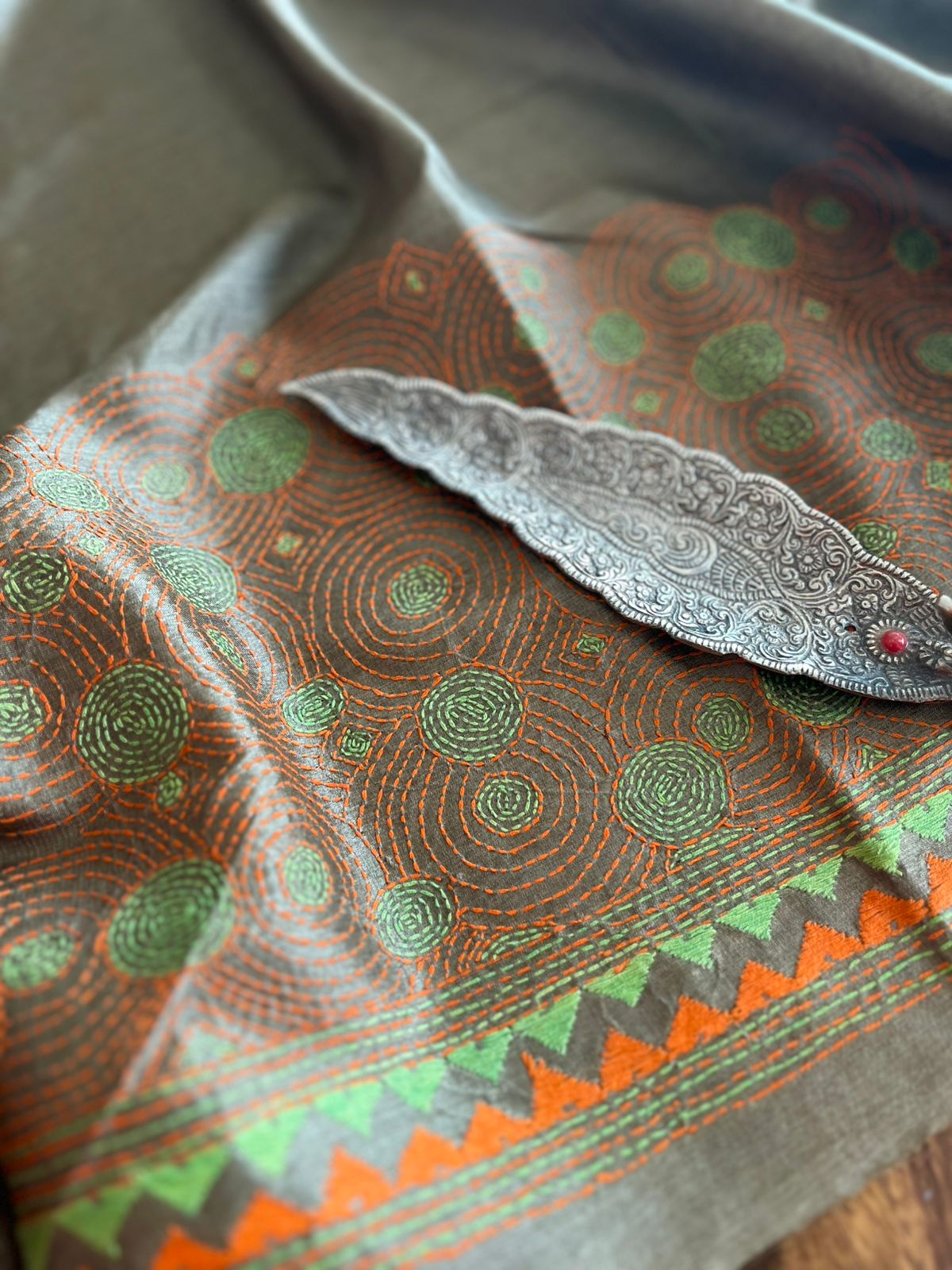 Pure Silk Kantha Hand embroidered Blouse - Unstitched - Olive