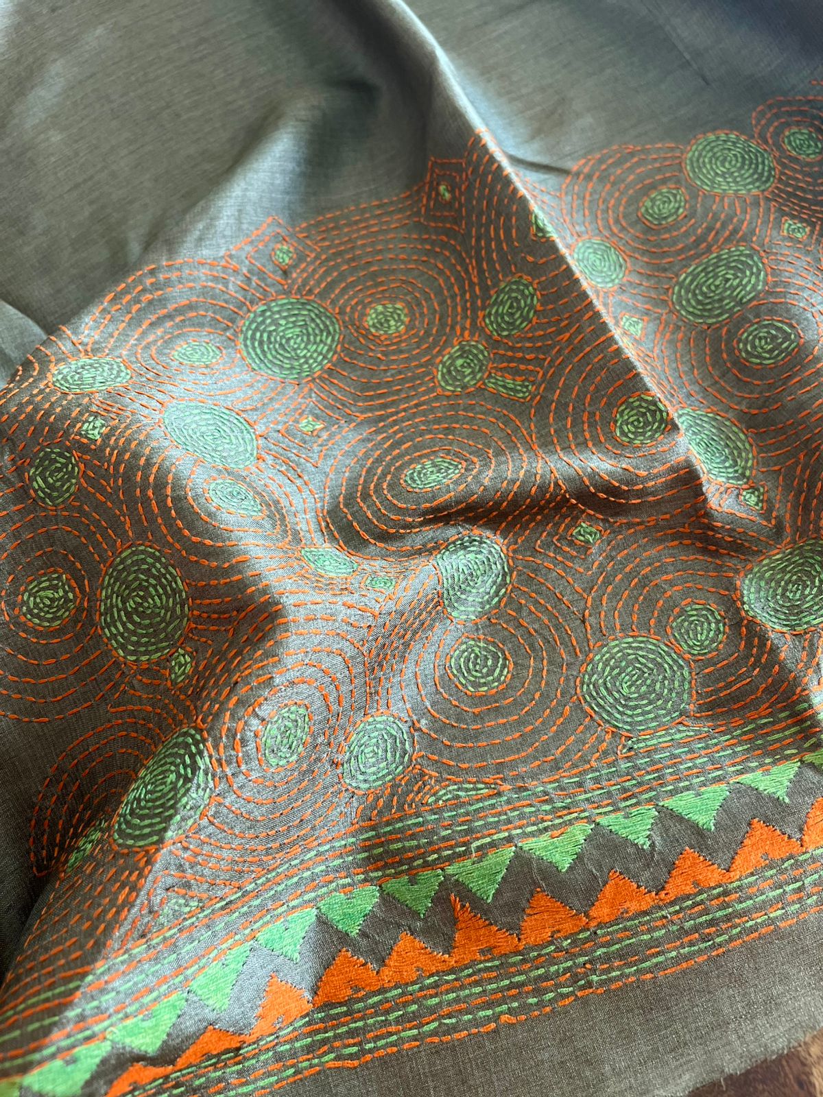 Pure Silk Kantha Hand embroidered Blouse - Unstitched - Olive