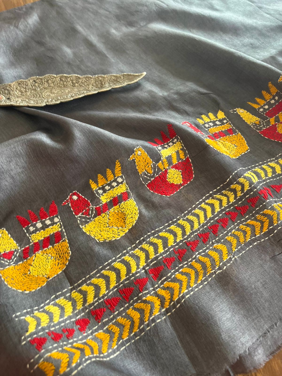 Pure Silk Kantha Hand embroidered Blouse - Unstitched - Steel Grey