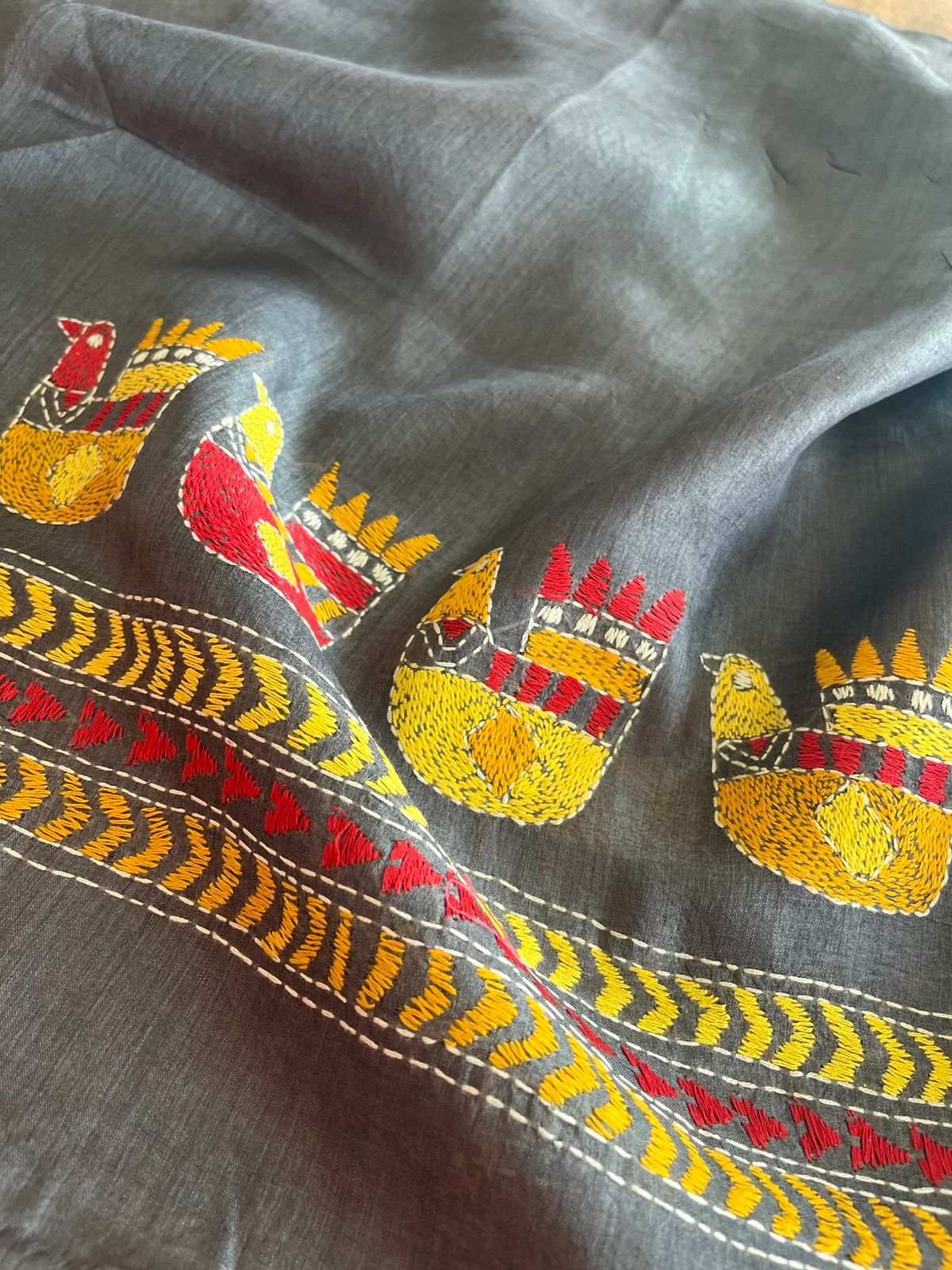 Pure Silk Kantha Hand embroidered Blouse - Unstitched - Steel Grey