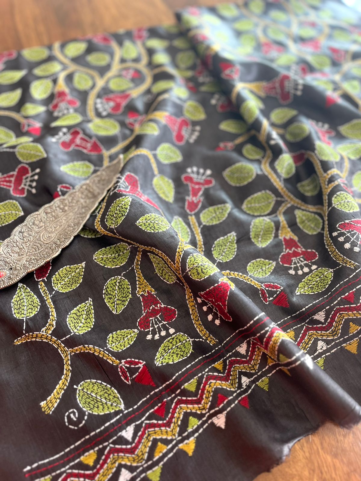 Pure Silk Kantha Hand embroidered Blouse - Unstitched - Bottle Green