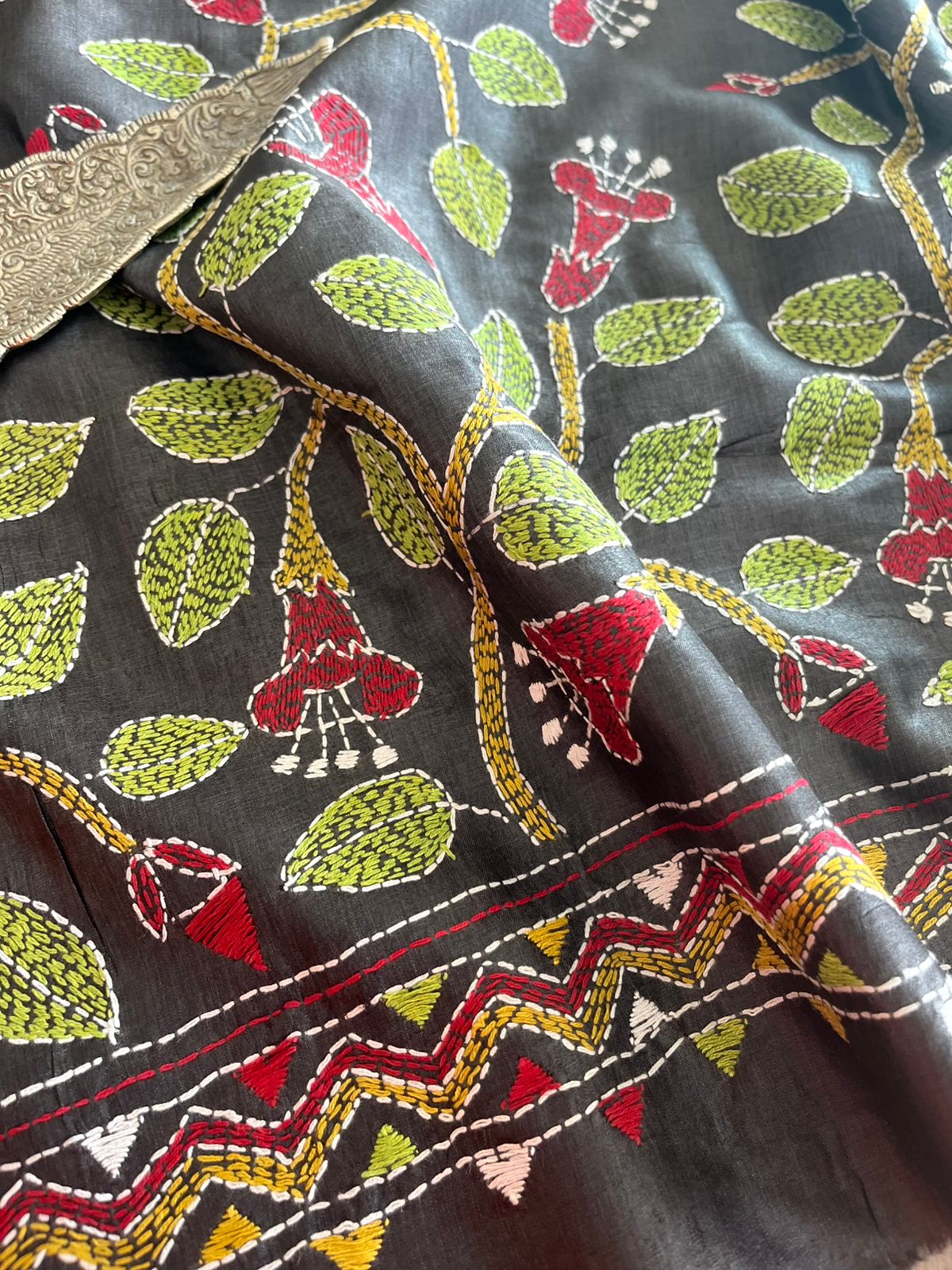 Pure Silk Kantha Hand embroidered Blouse - Unstitched - Bottle Green