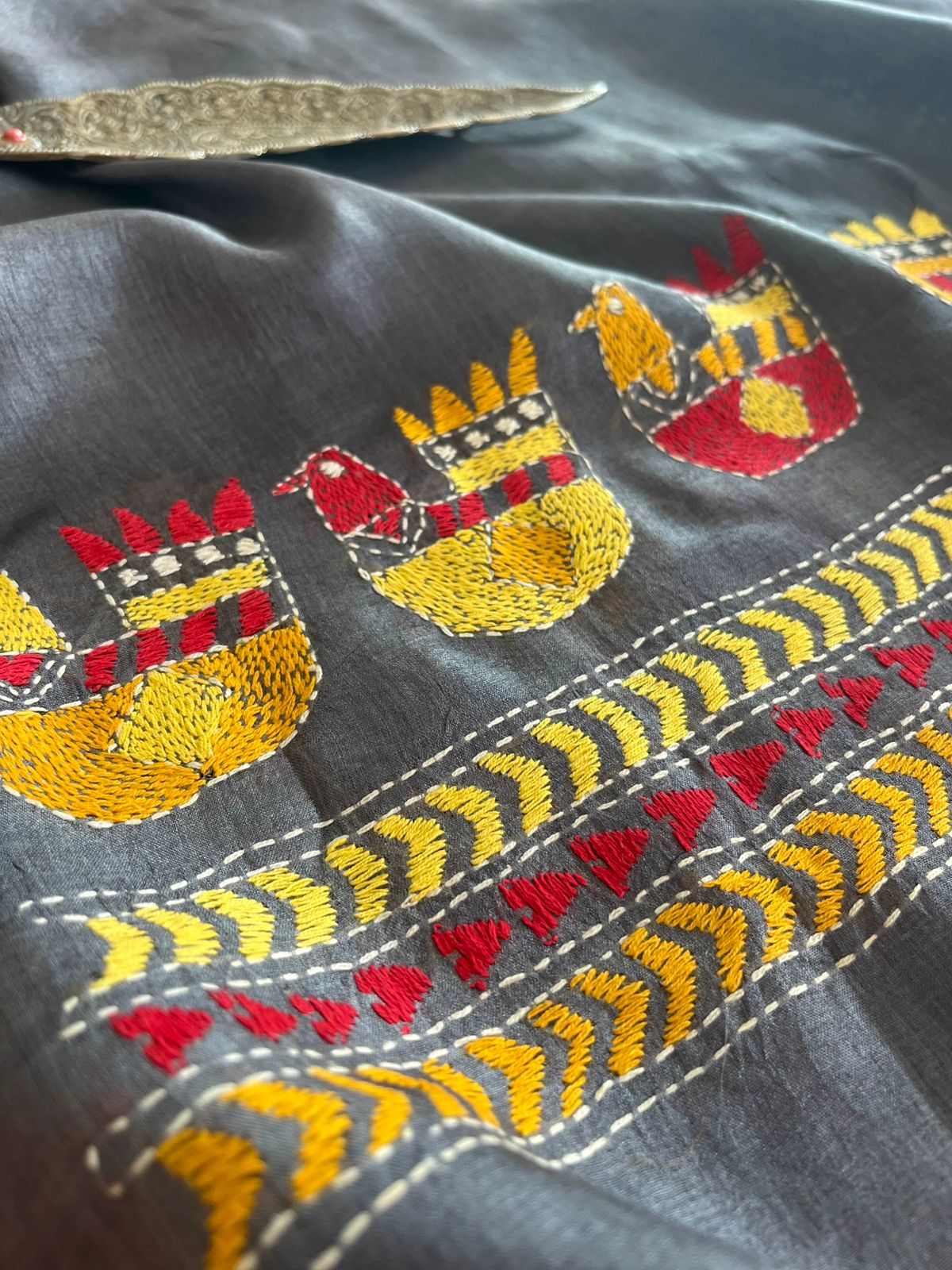 Pure Silk Kantha Hand embroidered Blouse - Unstitched - Steel Grey