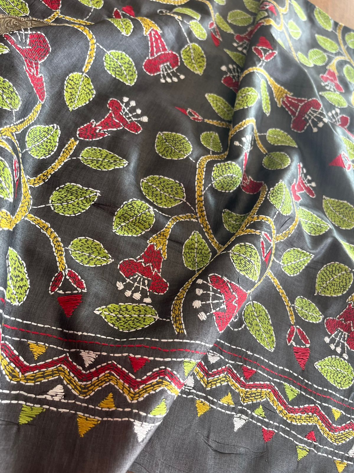 Pure Silk Kantha Hand embroidered Blouse - Unstitched - Bottle Green