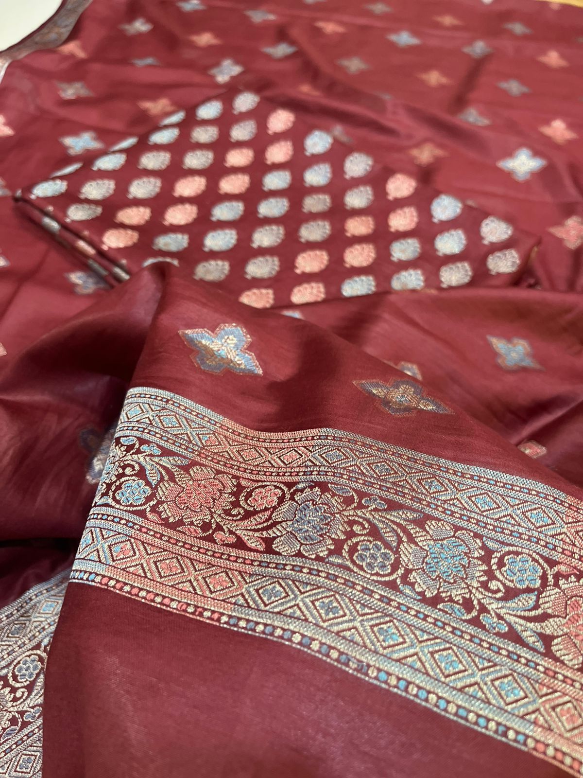 Banarasi Woven 3-Piece Suit in Cotton - Ruby Maroon