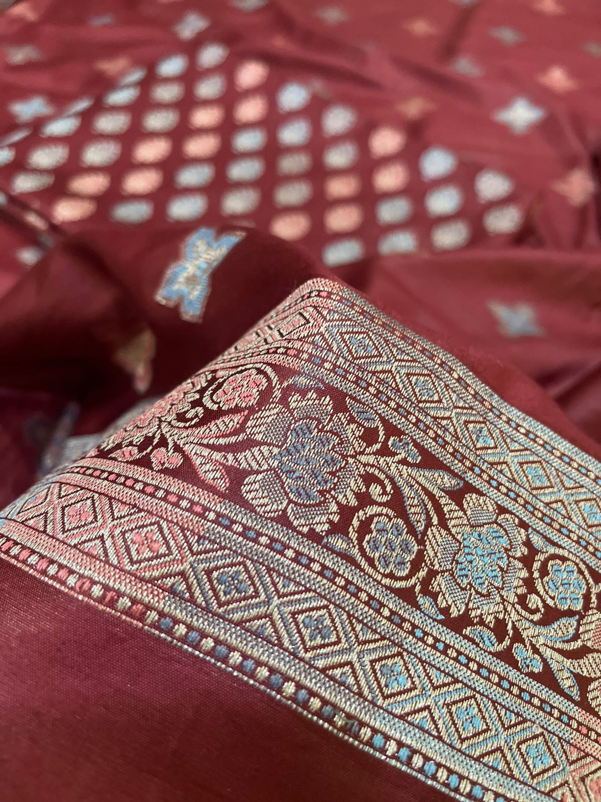Banarasi Woven 3-Piece Suit in Cotton - Ruby Maroon