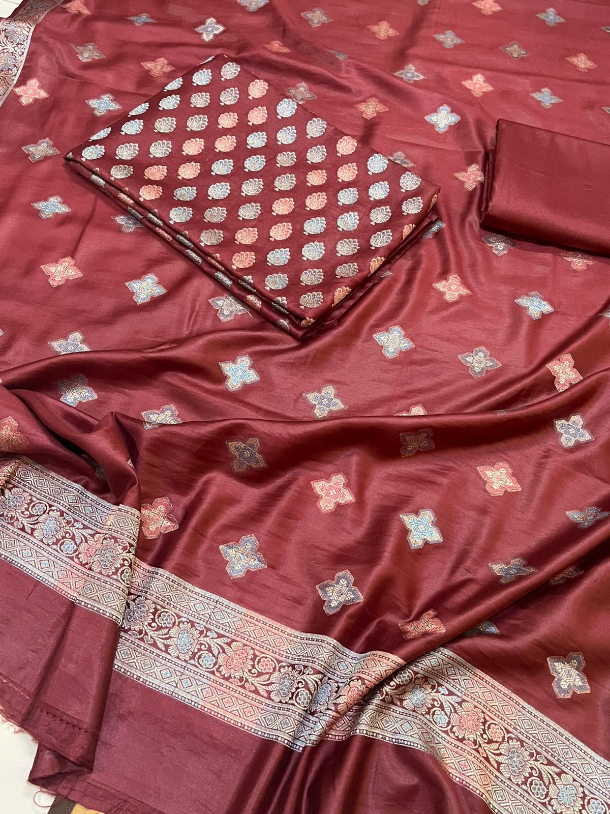 Banarasi Woven 3-Piece Suit in Cotton - Ruby Maroon