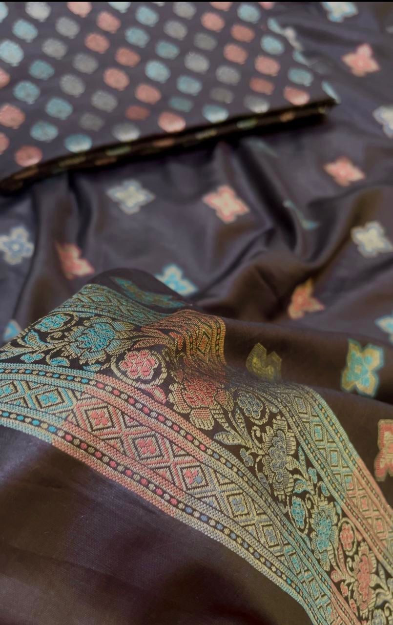 Banarasi Woven 3-Piece Suit in Cotton - Black